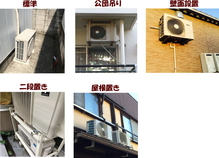 室外機公団吊り、屋根置き、屋上置き、壁面、二段置き概要図